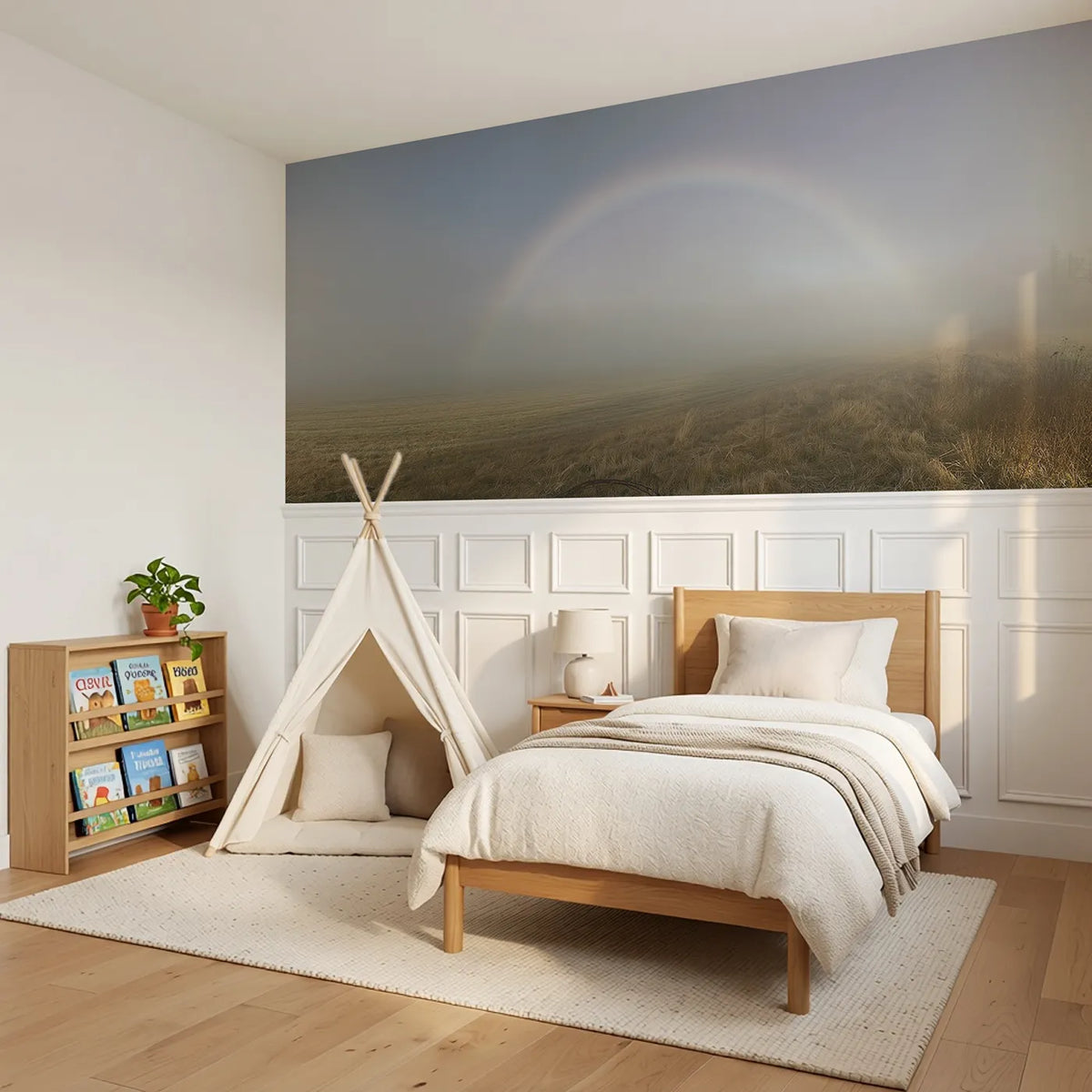 The White Fogbow Wainscoting Wallpaper styled in a kids room by Whimsy Tots