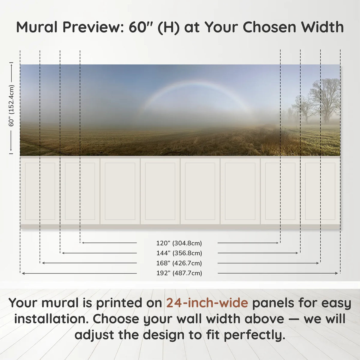 Panel dimensions for The White Fogbow Wainscoting Wallpaper by Whimsy Tots