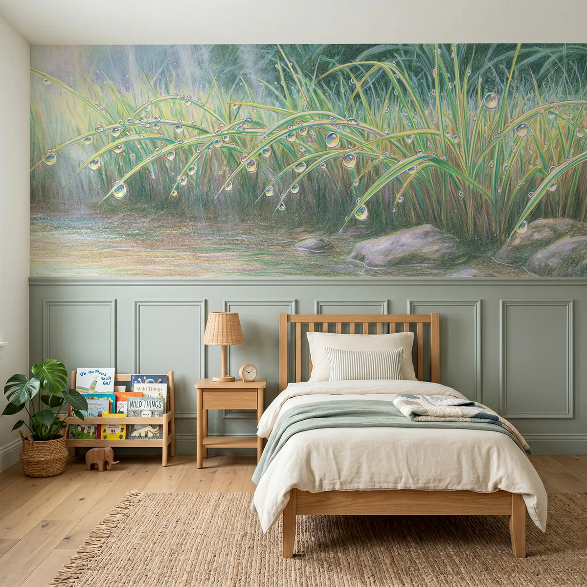 Colored pencil wainscoting wallpaper of dew bows in morning grass by Whimsy Tots
