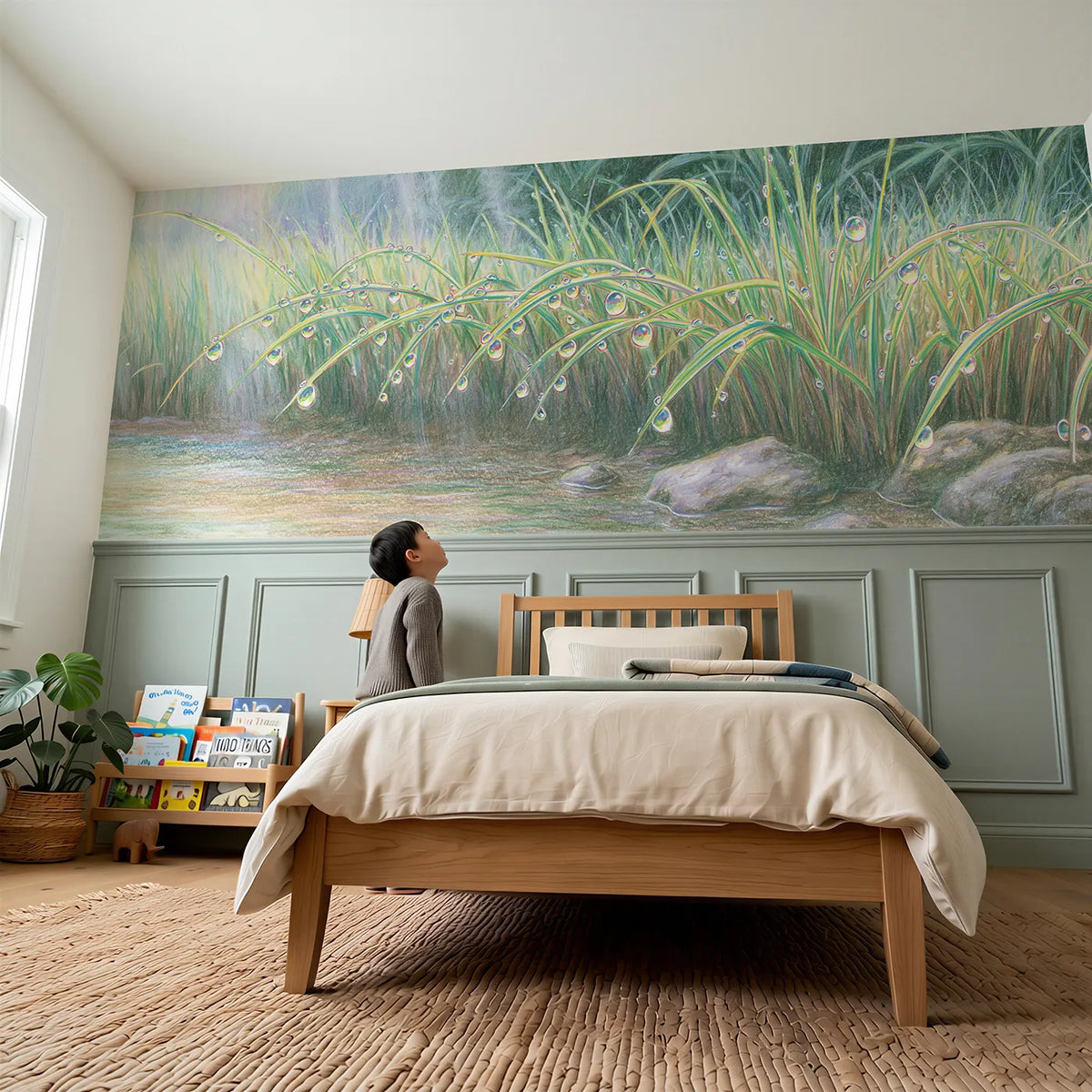 Child reading near Dew Bows In The Grass Wainscoting Wallpaper by Whimsy Tots