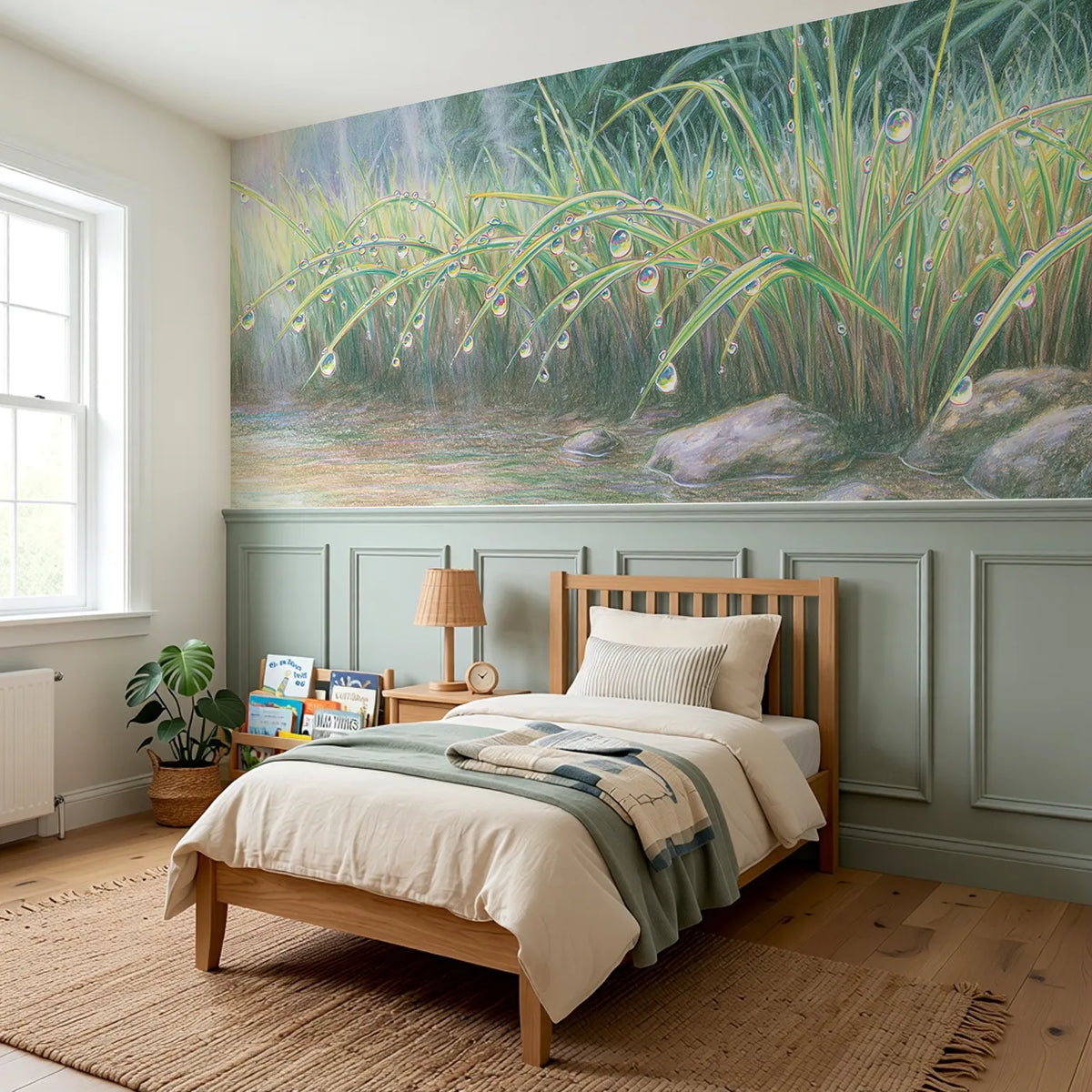 Dew Bows In The Grass Wainscoting Wallpaper styled in a kids room by Whimsy Tots