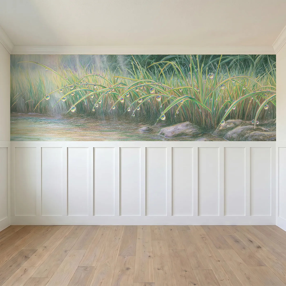Full panel view of Dew Bows In The Grass Wainscoting Wallpaper by Whimsy Tots