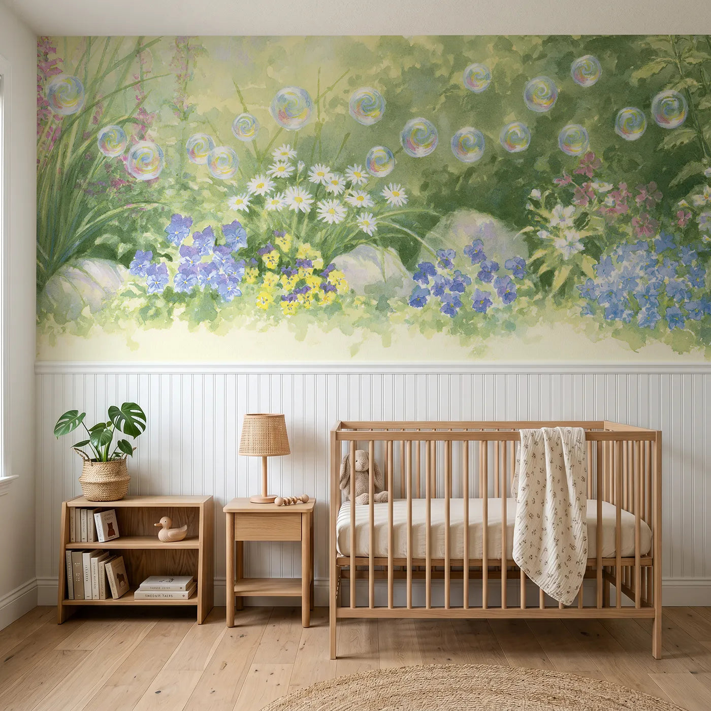 Soft pastel wainscoting wallpaper of bubbles over the garden by Whimsy Tots