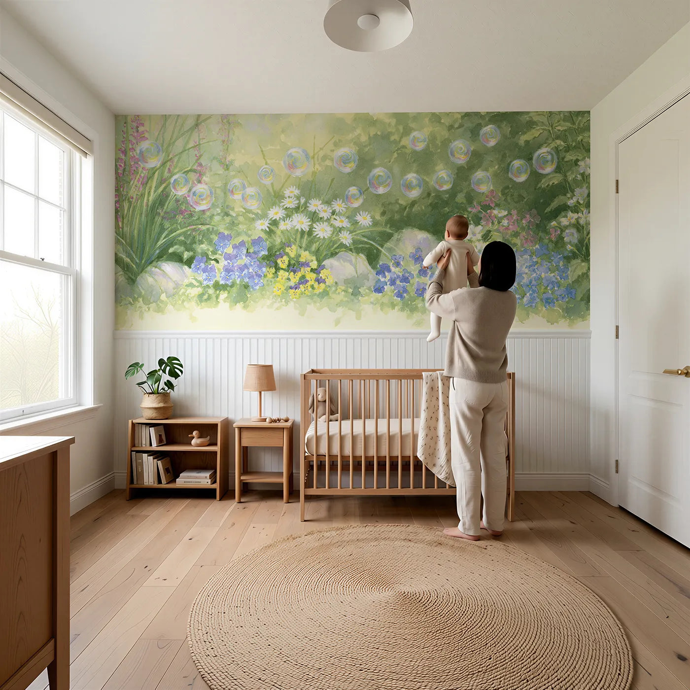 Child reading near Bubbles Over The Garden Wainscoting Wallpaper by Whimsy Tots