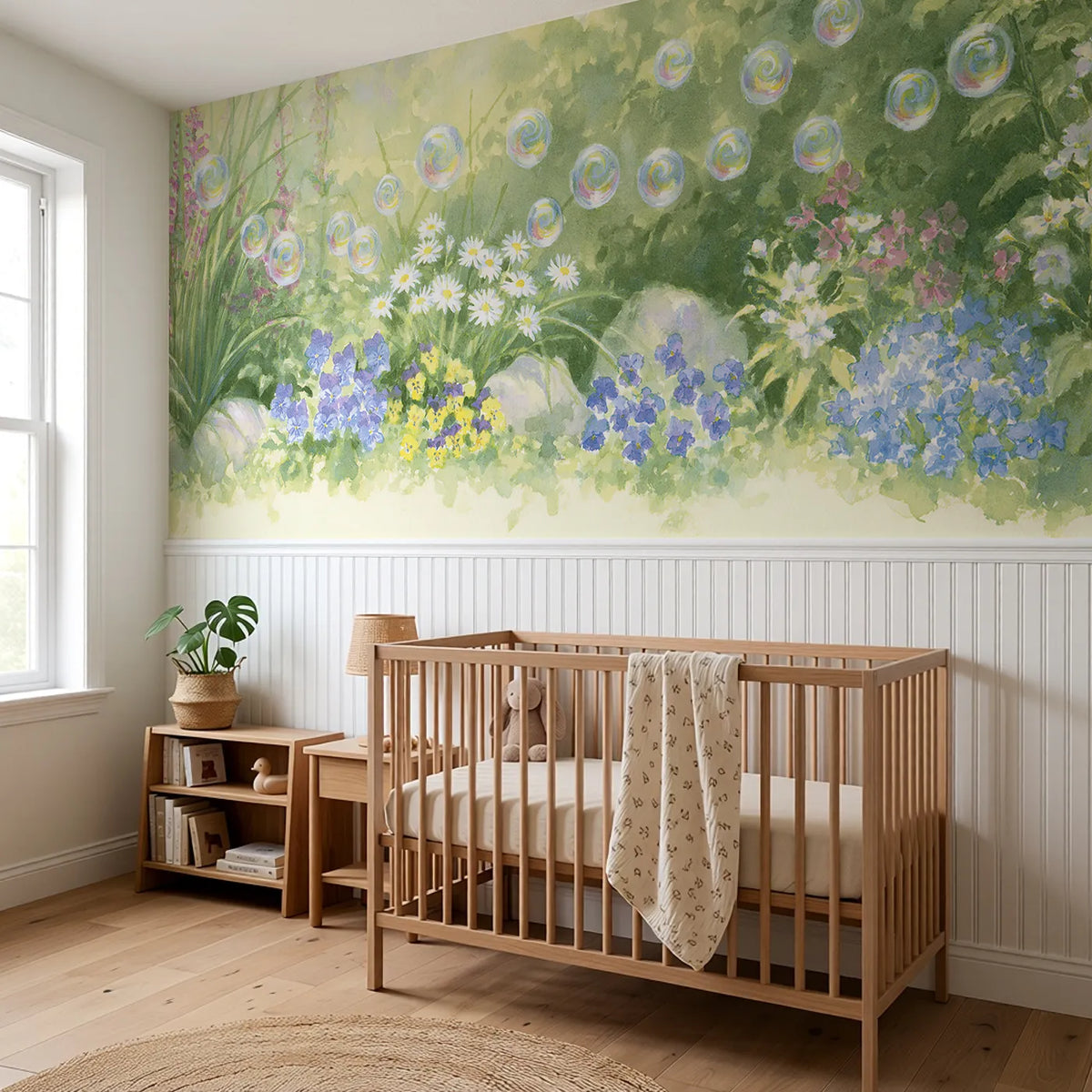 Bubbles Over The Garden Wainscoting Wallpaper styled in a kids room by Whimsy Tots