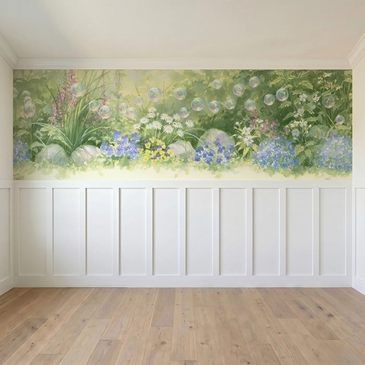Full panel view of Bubbles Over The Garden Wainscoting Wallpaper by Whimsy Tots