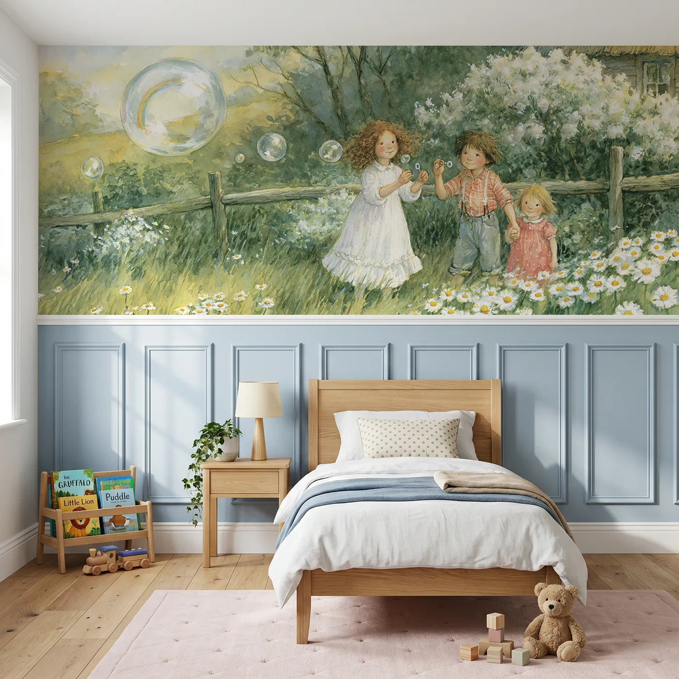Storybook wainscoting wallpaper of a bubble holding a rainbow by Whimsy Tots