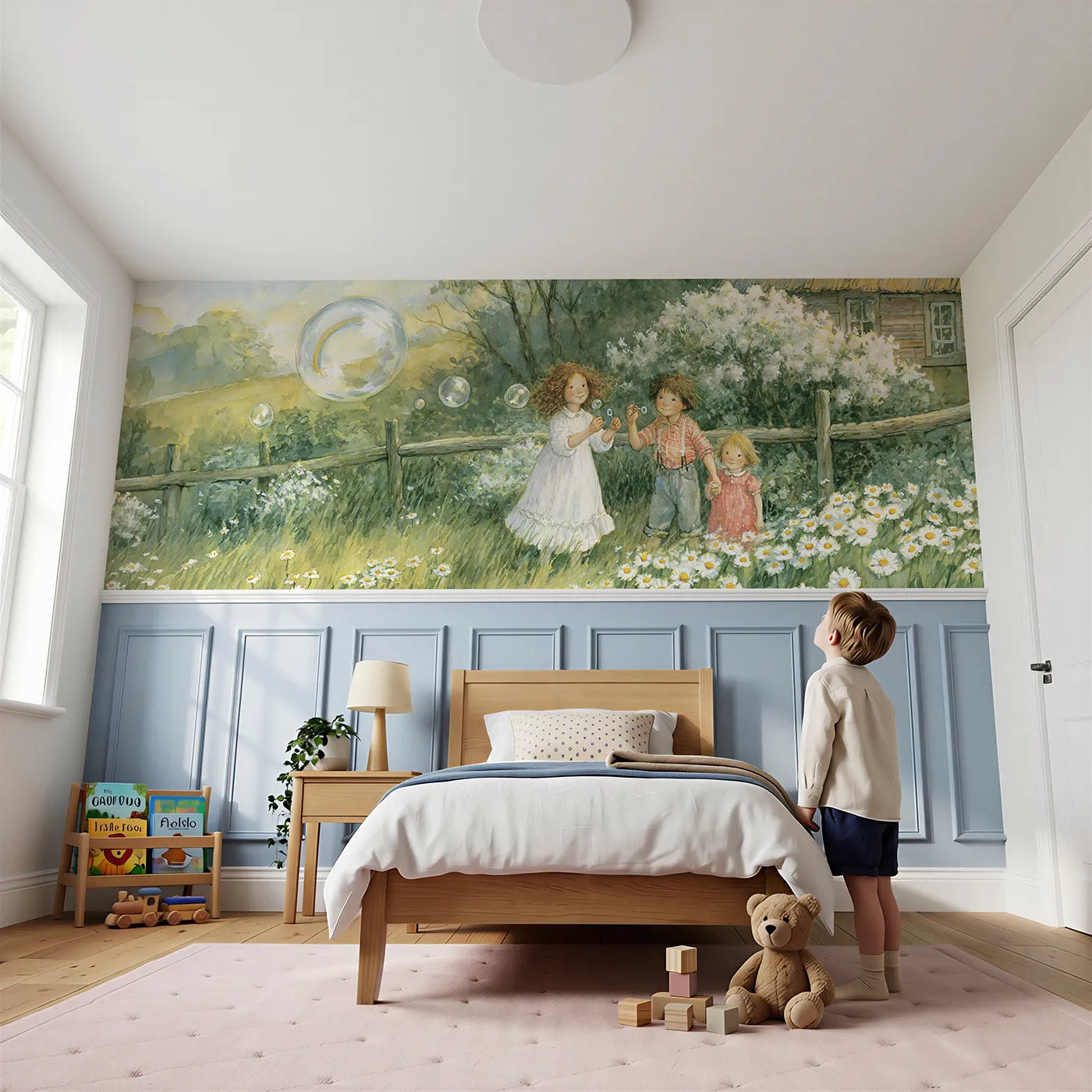 Child reading near The Bubble Holding Rainbow Wainscoting Wallpaper by Whimsy Tots