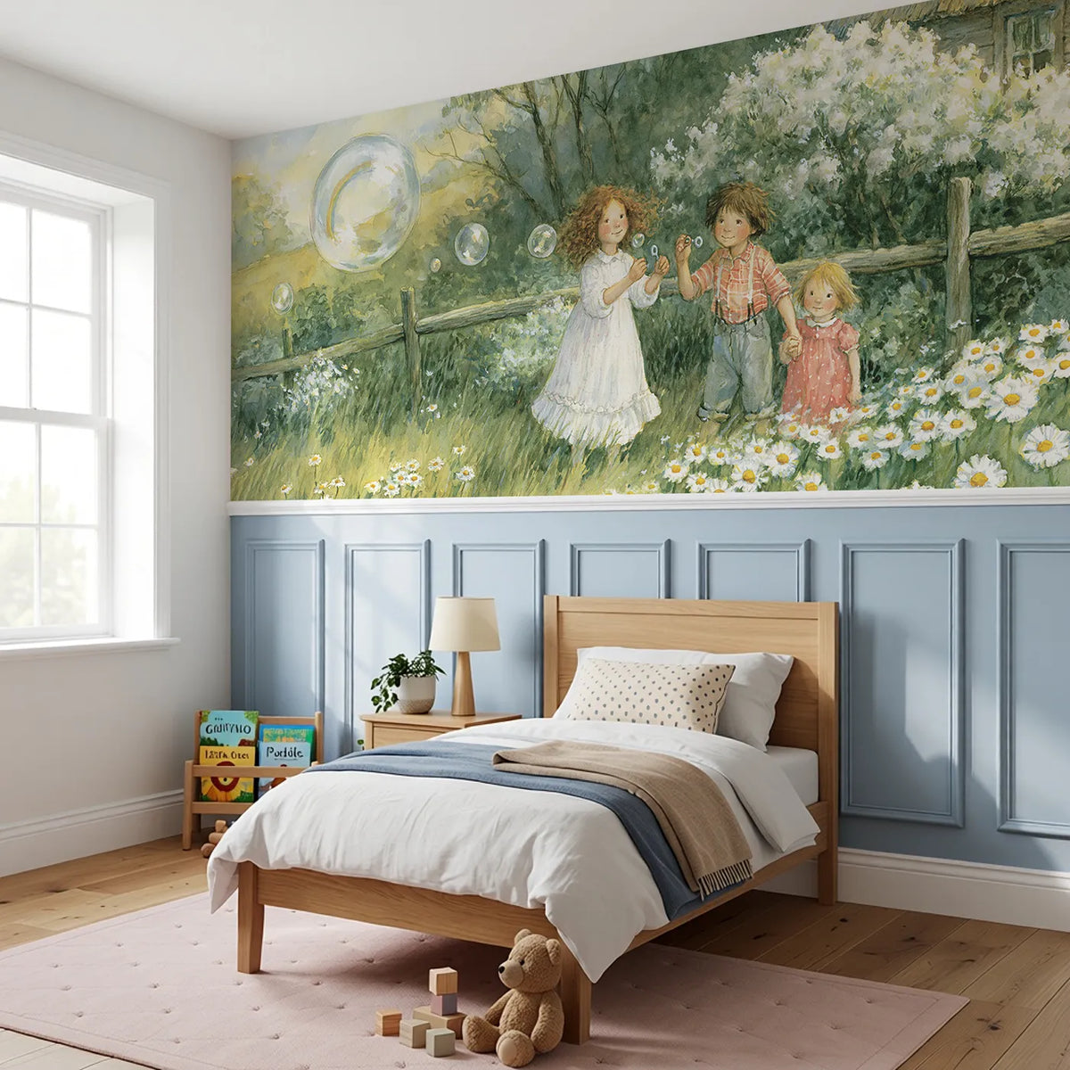 The Bubble Holding Rainbow Wainscoting Wallpaper styled in a kids room by Whimsy Tots