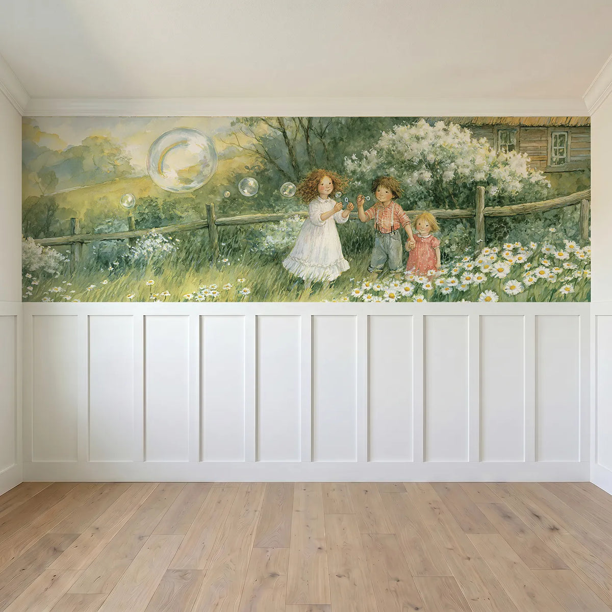 Full panel view of The Bubble Holding Rainbow Wainscoting Wallpaper by Whimsy Tots