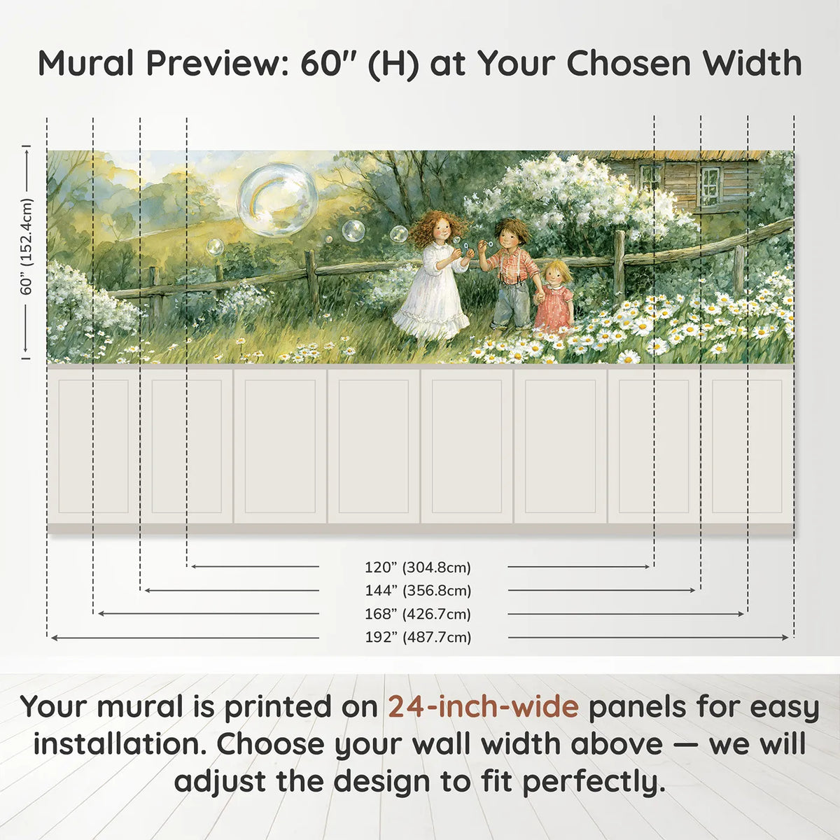 Panel dimensions for The Bubble Holding Rainbow Wainscoting Wallpaper by Whimsy Tots