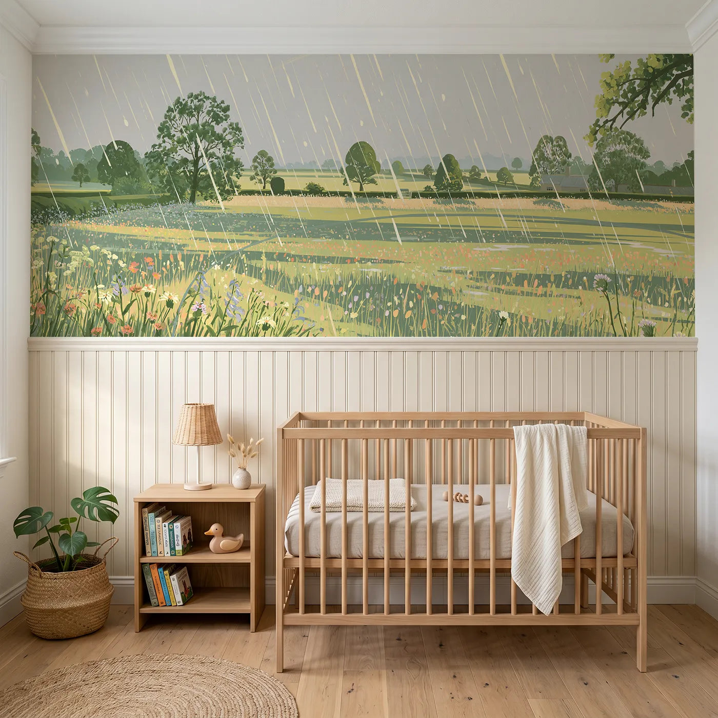Modern illustration wainscoting wallpaper of a bright sun shower by Whimsy Tots