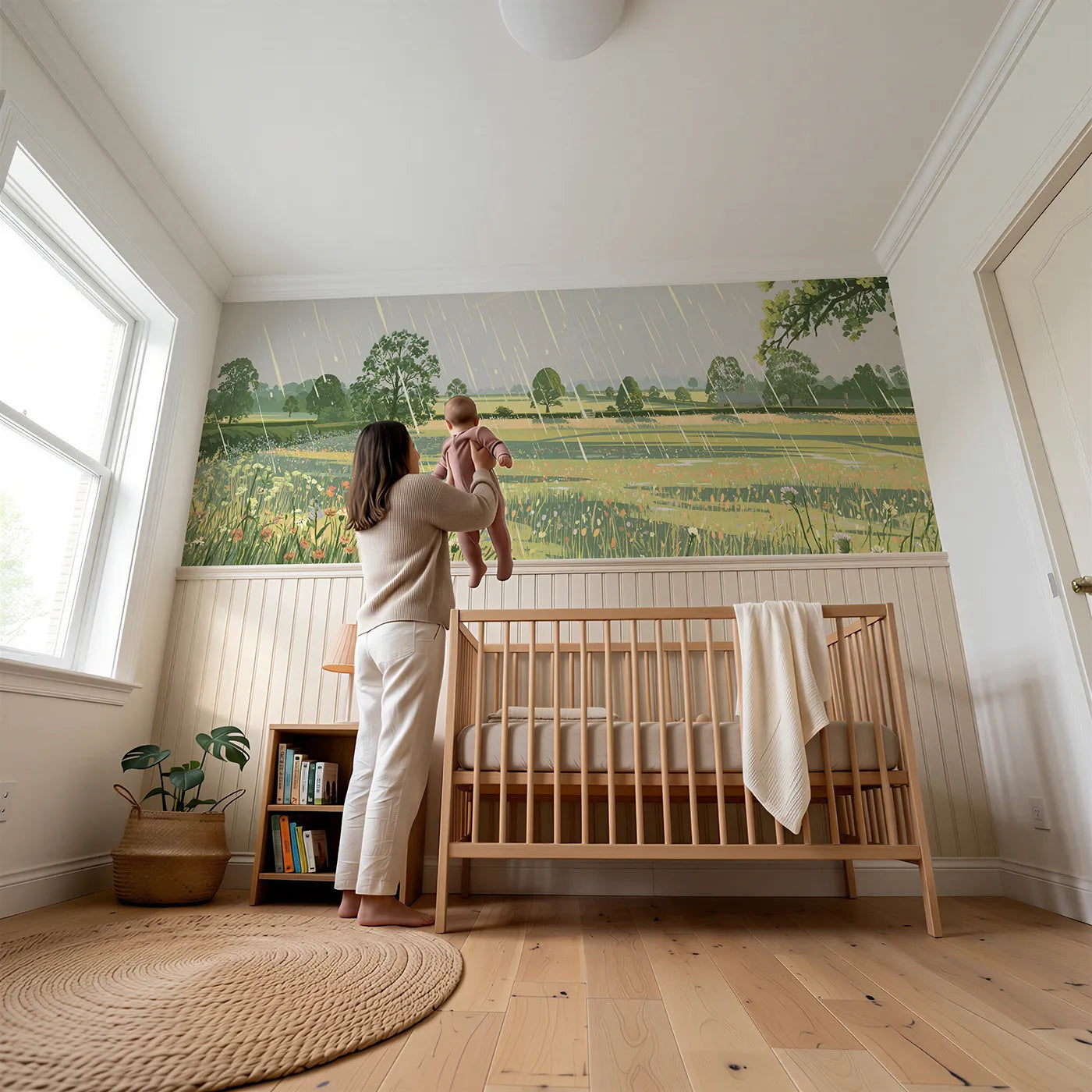 Child reading near Sun Shower Falling Bright Wainscoting Wallpaper by Whimsy Tots