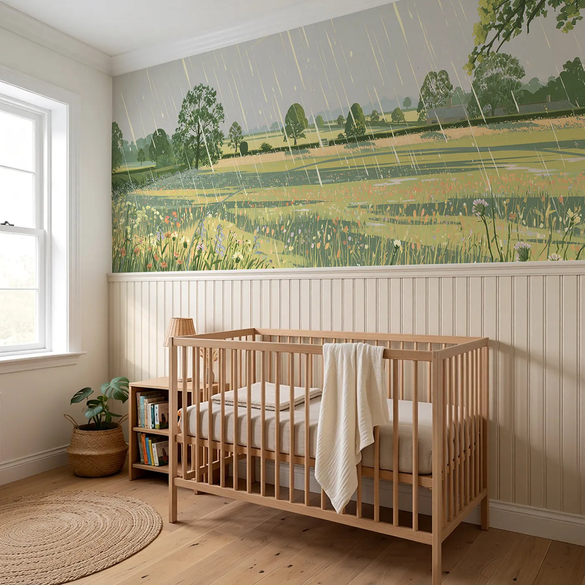 Sun Shower Falling Bright Wainscoting Wallpaper styled in a kids room by Whimsy Tots