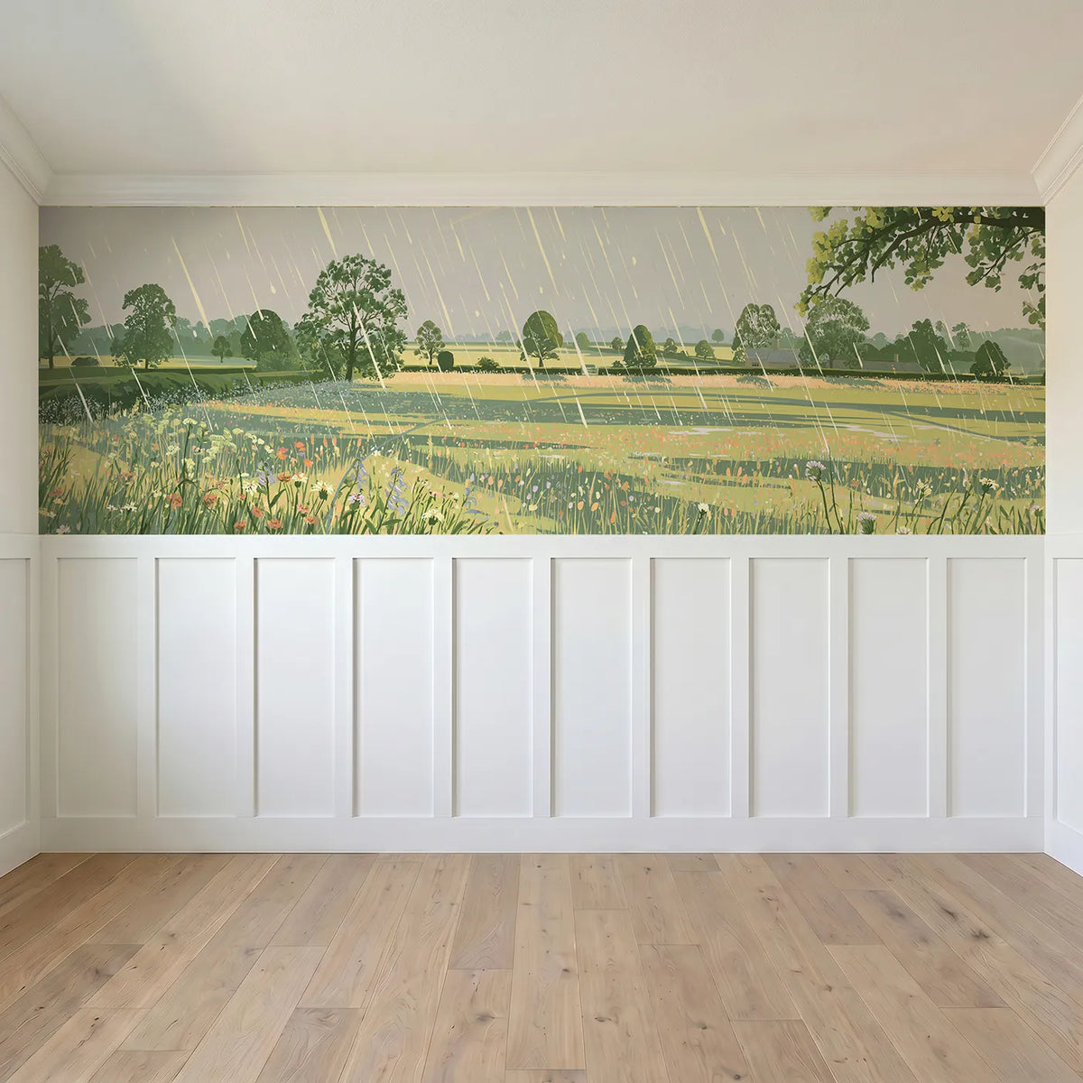 Full panel view of Sun Shower Falling Bright Wainscoting Wallpaper by Whimsy Tots