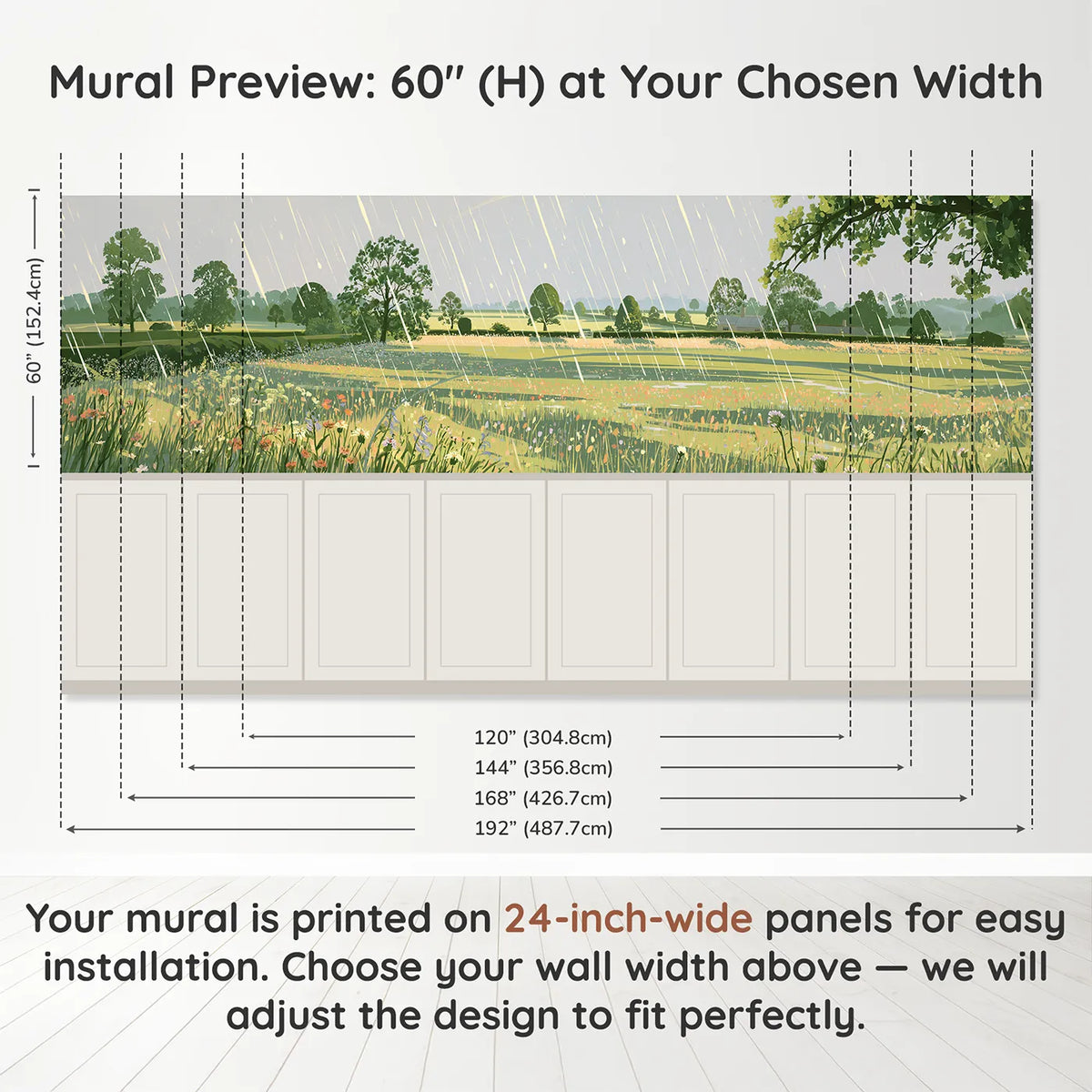 Panel dimensions for Sun Shower Falling Bright Wainscoting Wallpaper by Whimsy Tots