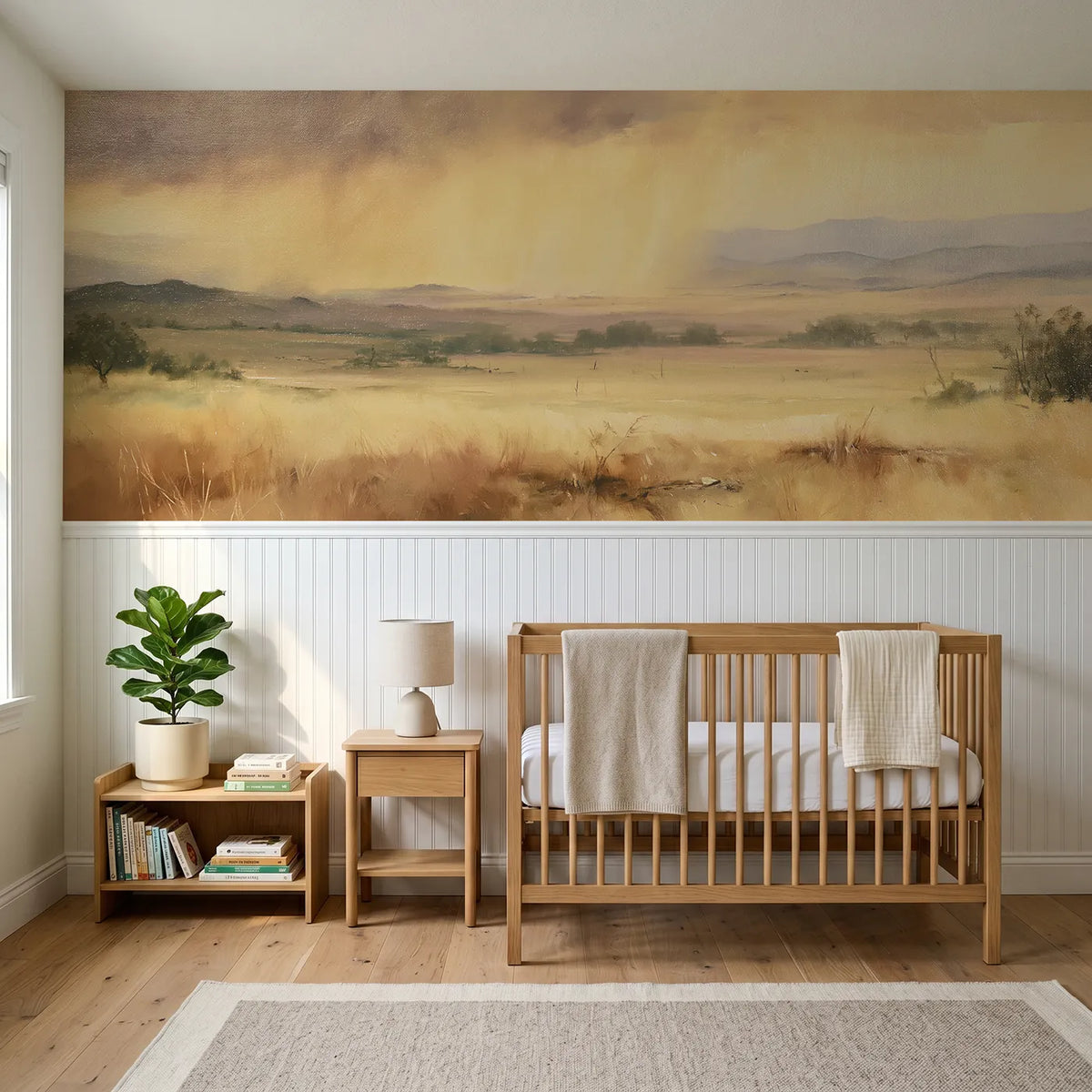 Watercolor wainscoting wallpaper of golden rain far off by Whimsy Tots