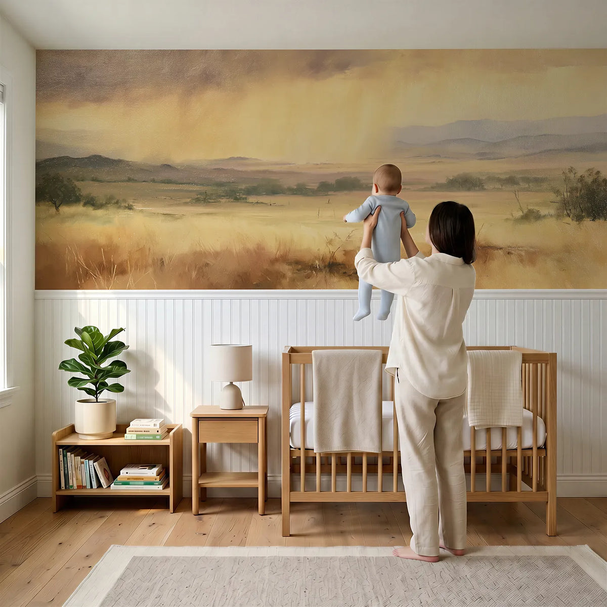 Child reading near Golden Rain Far Off Wainscoting Wallpaper by Whimsy Tots