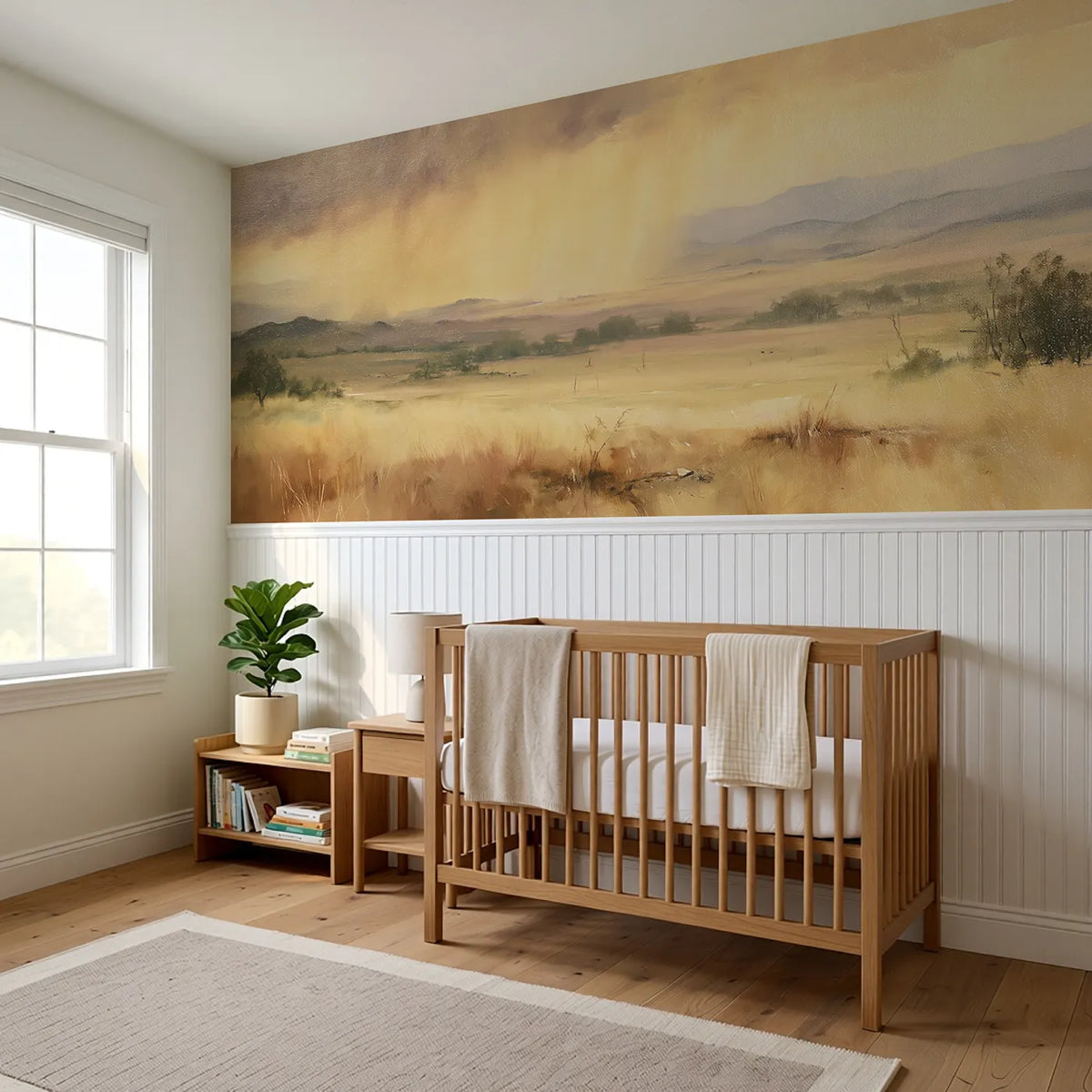 Golden Rain Far Off Wainscoting Wallpaper styled in a kids room by Whimsy Tots