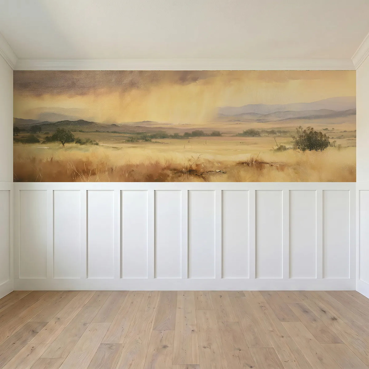 Full panel view of Golden Rain Far Off Wainscoting Wallpaper by Whimsy Tots