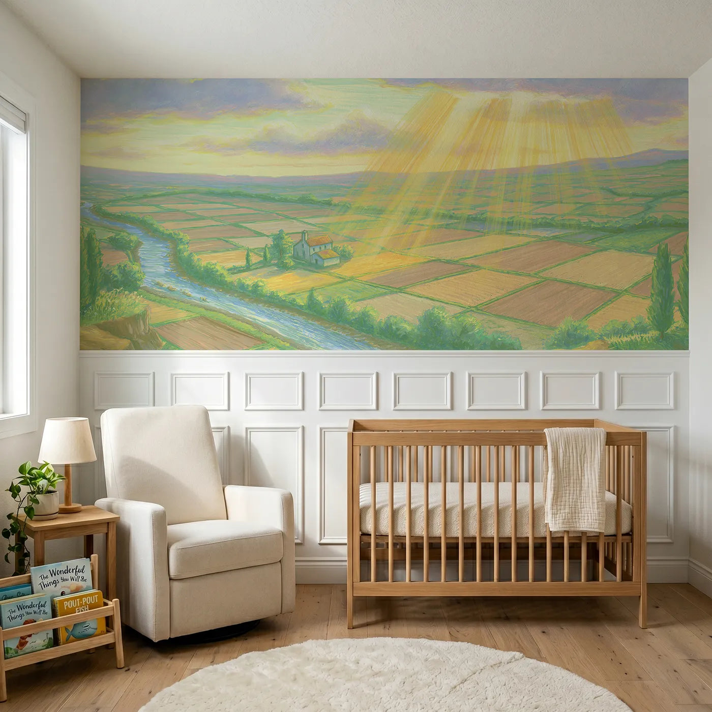 Colored pencil wainscoting wallpaper of light ladders through clouds by Whimsy Tots