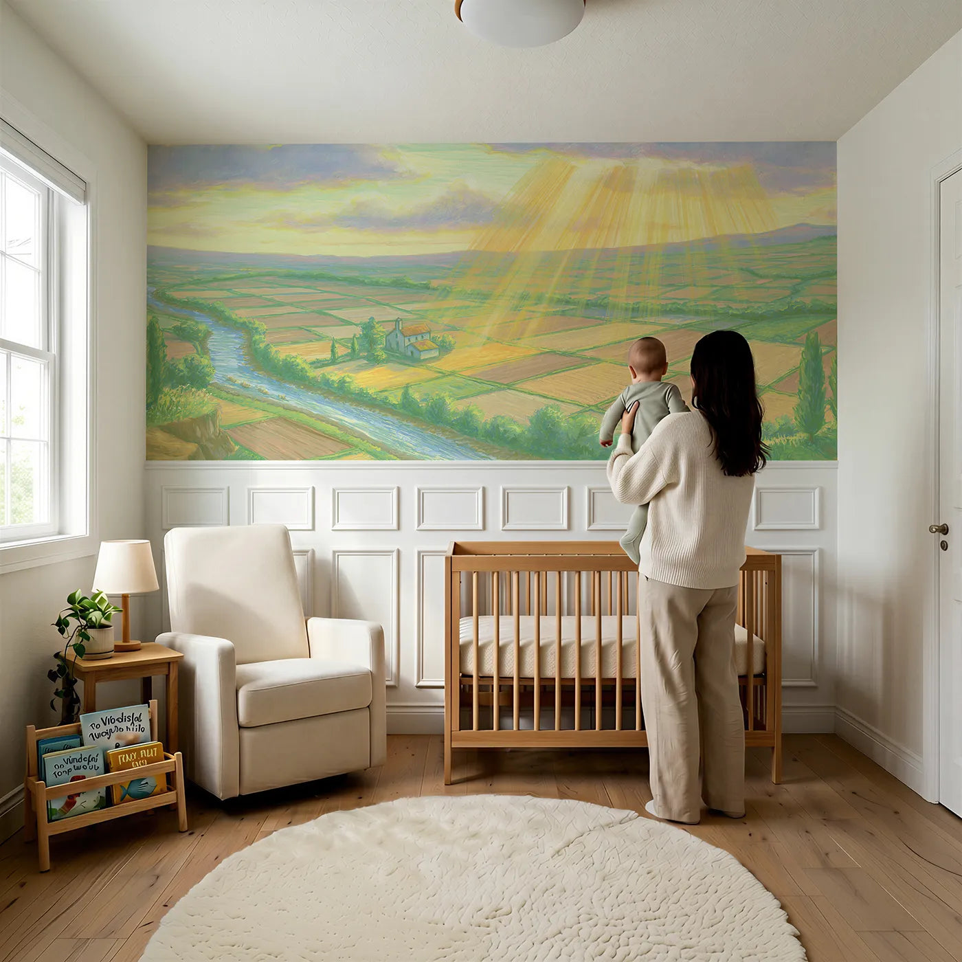 Child reading near Light Ladders Through Clouds Wainscoting Wallpaper by Whimsy Tots
