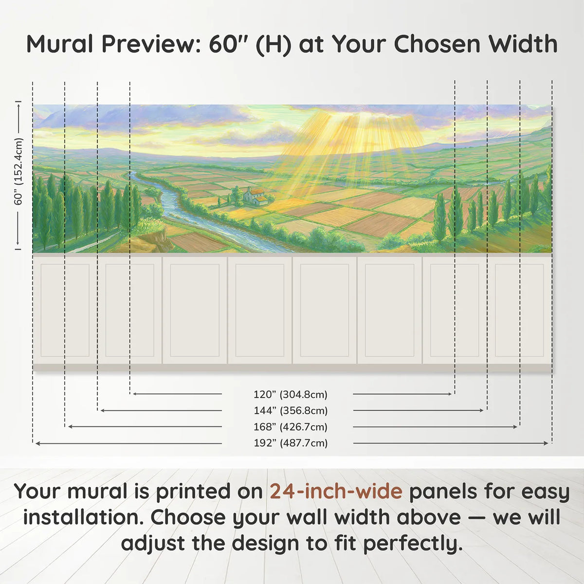 Panel dimensions for Light Ladders Through Clouds Wainscoting Wallpaper by Whimsy Tots