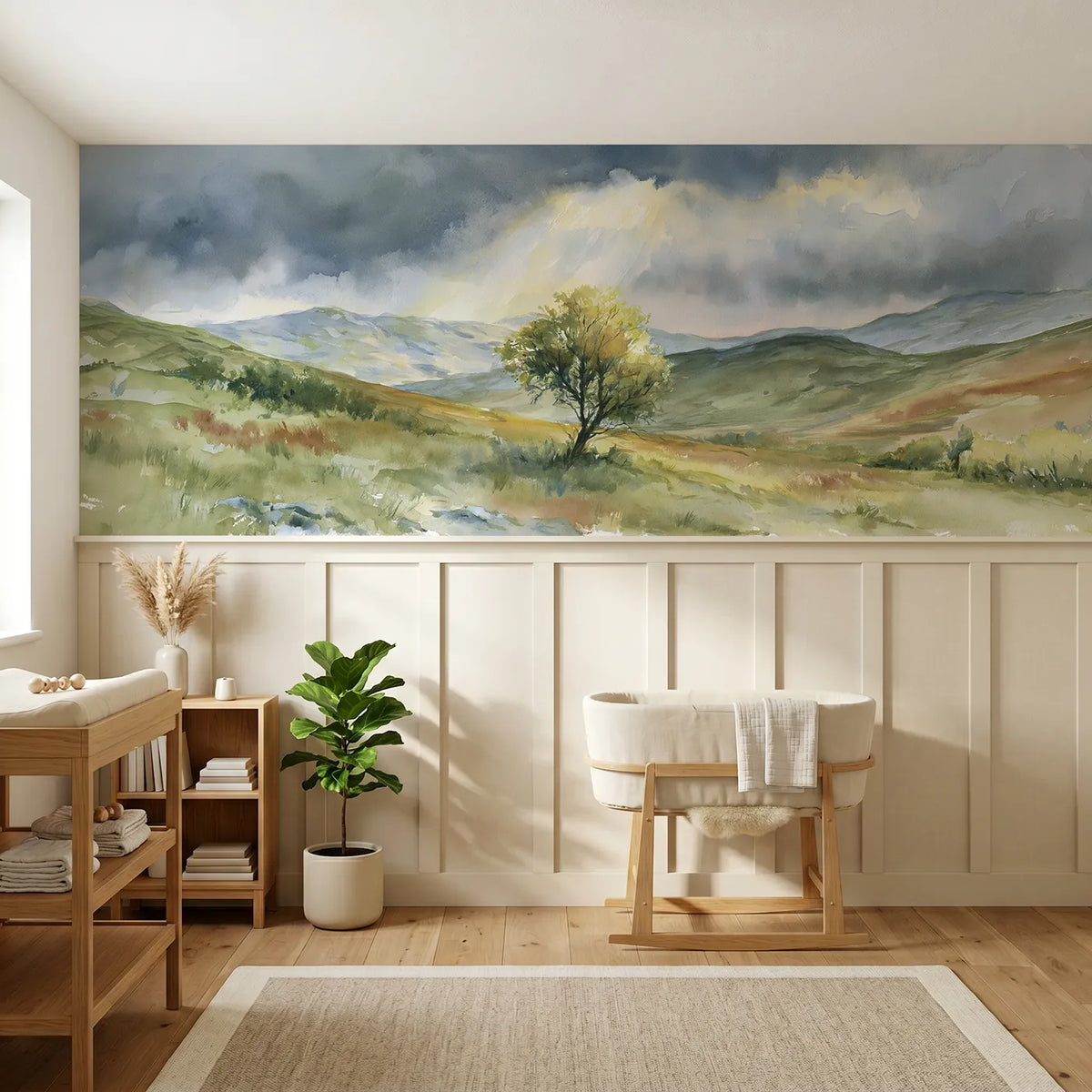 Watercolor wainscoting wallpaper of one sunbeam on one chosen tree by Whimsy Tots