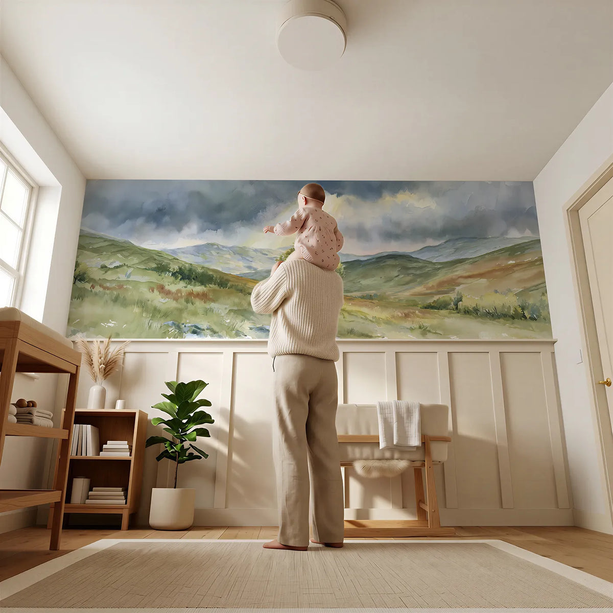 Child reading near The One Chosen Tree Wainscoting Wallpaper by Whimsy Tots
