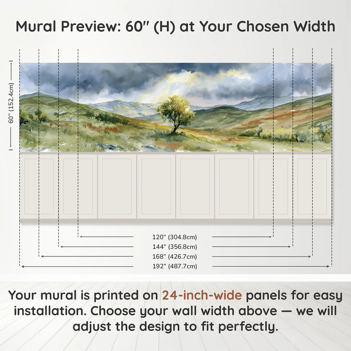 Panel dimensions for The One Chosen Tree Wainscoting Wallpaper by Whimsy Tots