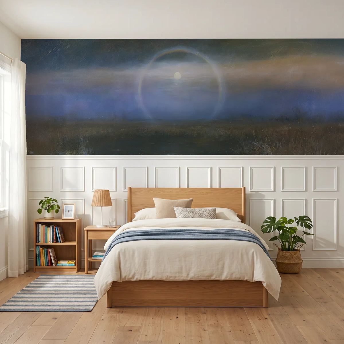 Watercolor wainscoting wallpaper of a ring around the moon by Whimsy Tots