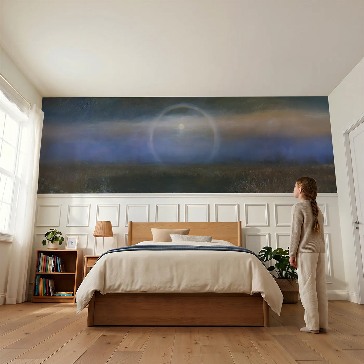 Child reading near Ring Around The Moon Wainscoting Wallpaper by Whimsy Tots