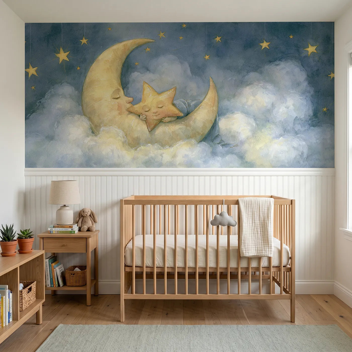 Storybook wainscoting wallpaper of a star tucked in the crescent by Whimsy Tots