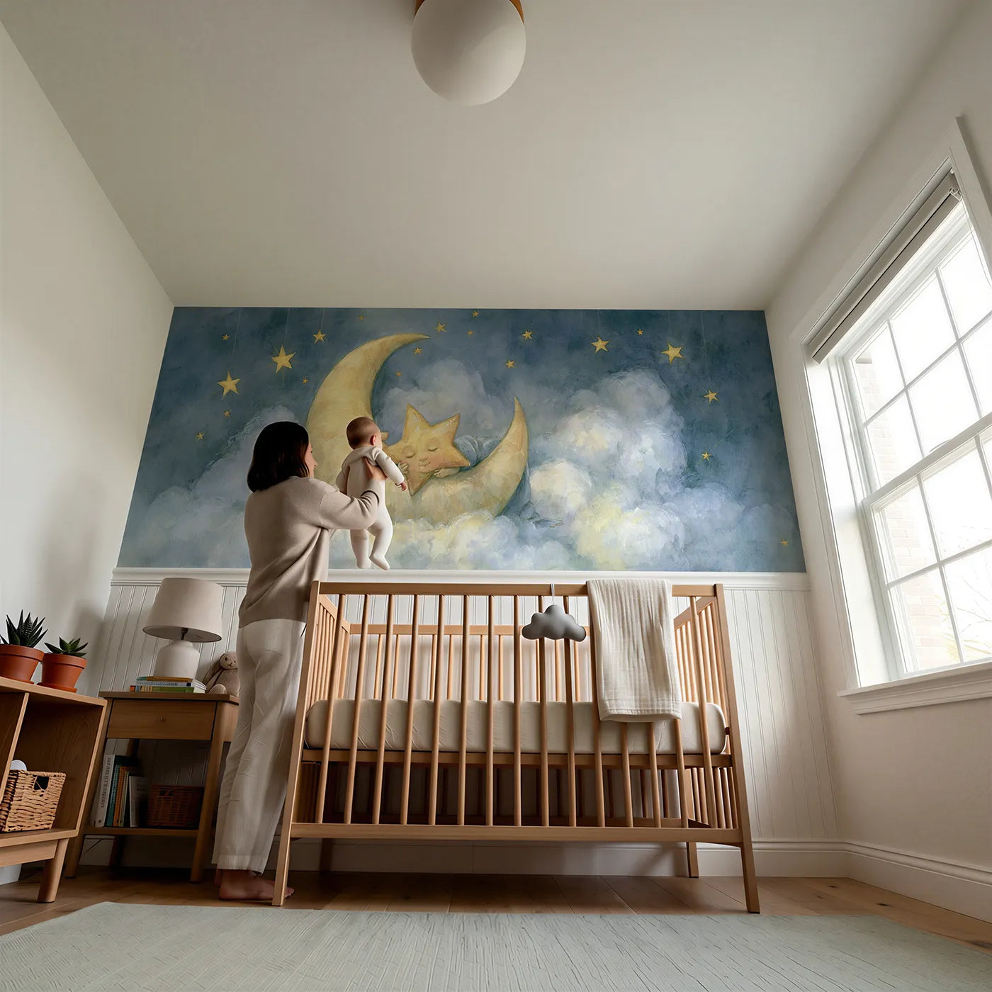Child reading near Star Tucked In Crescent Wainscoting Wallpaper by Whimsy Tots