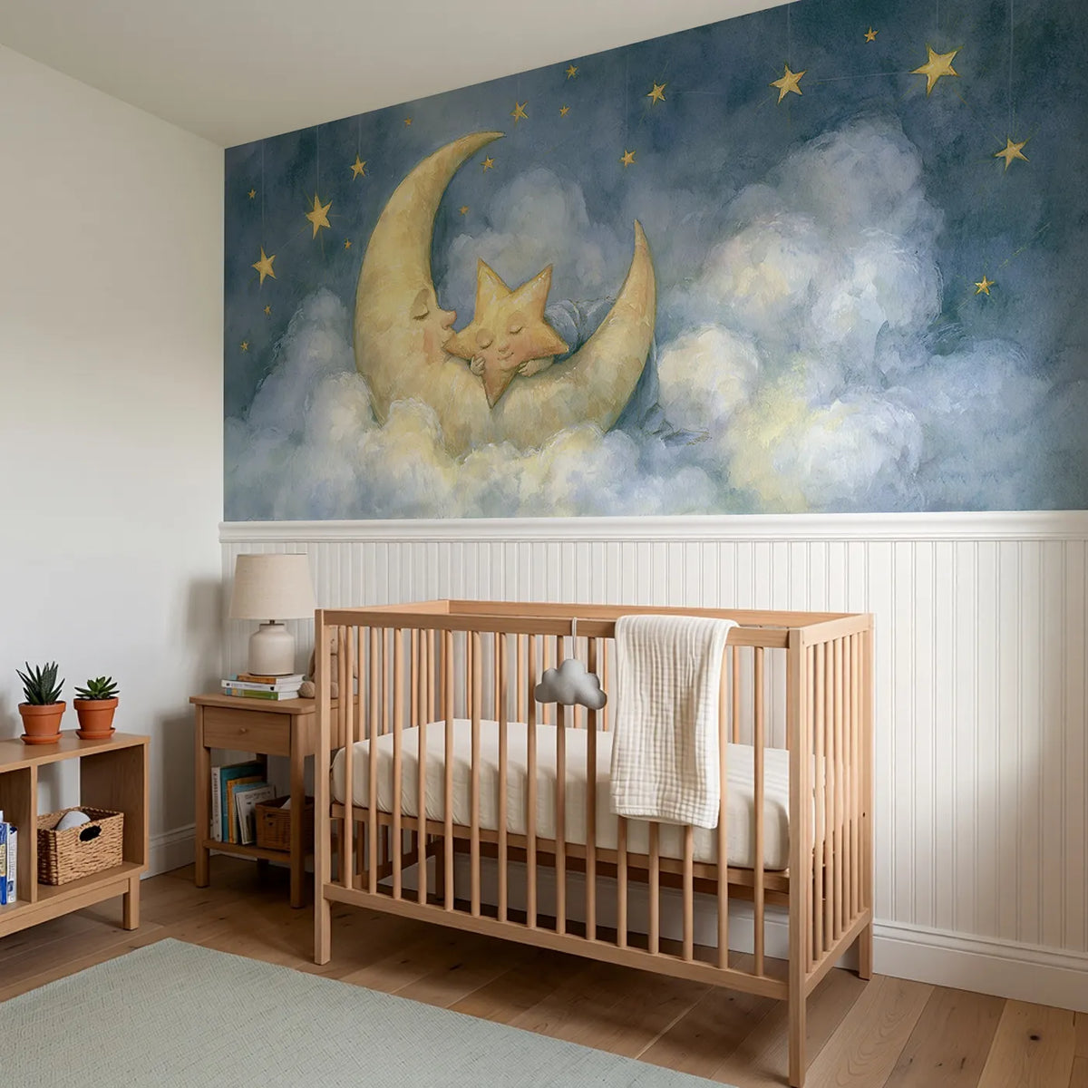 Star Tucked In Crescent Wainscoting Wallpaper styled in a kids room by Whimsy Tots