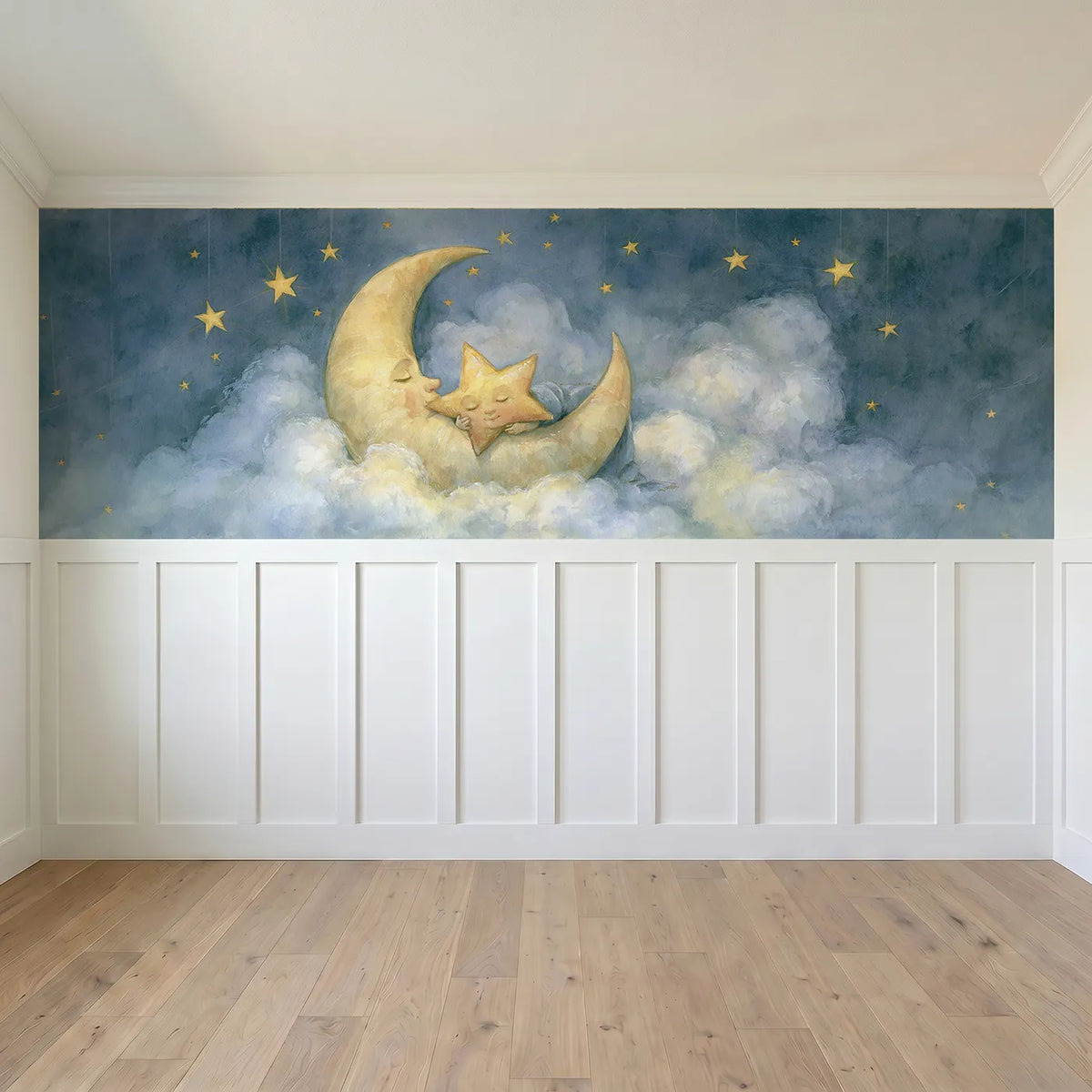 Full panel view of Star Tucked In Crescent Wainscoting Wallpaper by Whimsy Tots