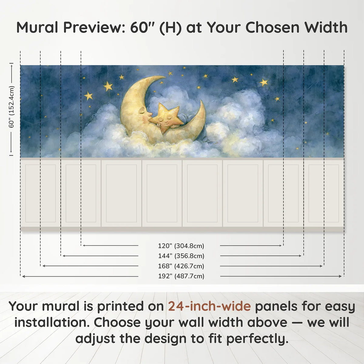 Panel dimensions for Star Tucked In Crescent Wainscoting Wallpaper by Whimsy Tots