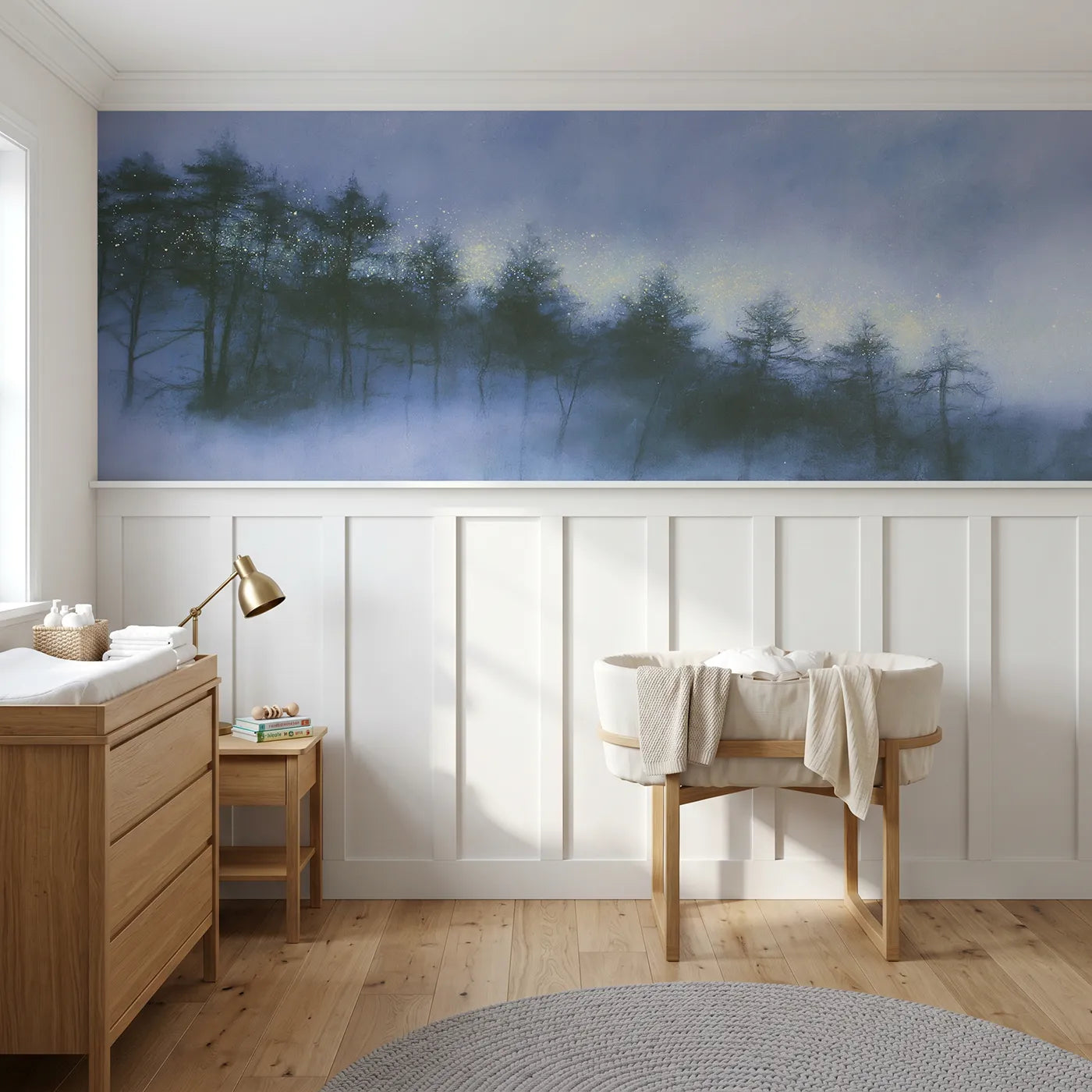 Soft pastel wainscoting wallpaper of sparkle settling on treetops by Whimsy Tots