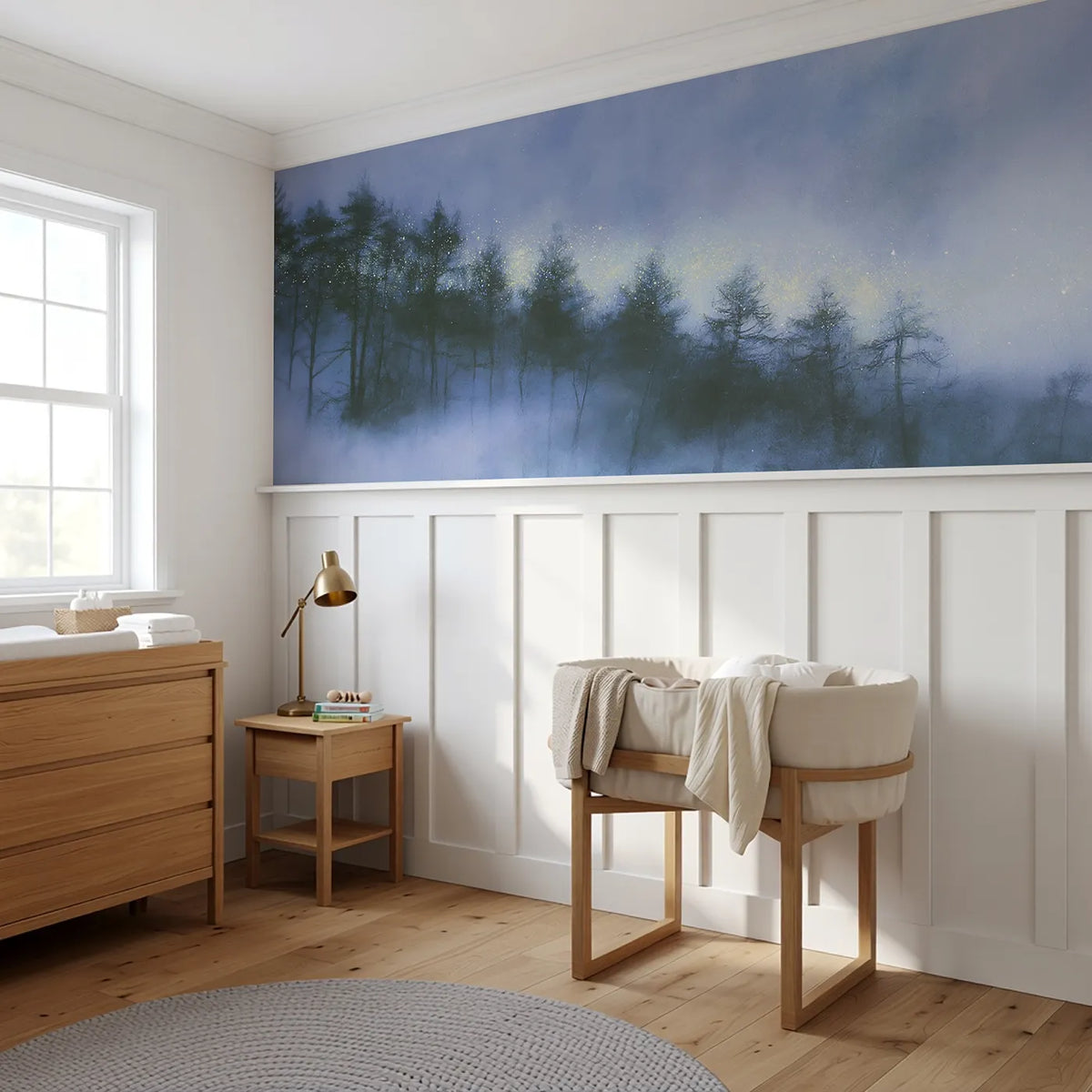 Sparkle Settling On Treetops Wainscoting Wallpaper styled in a kids room by Whimsy Tots