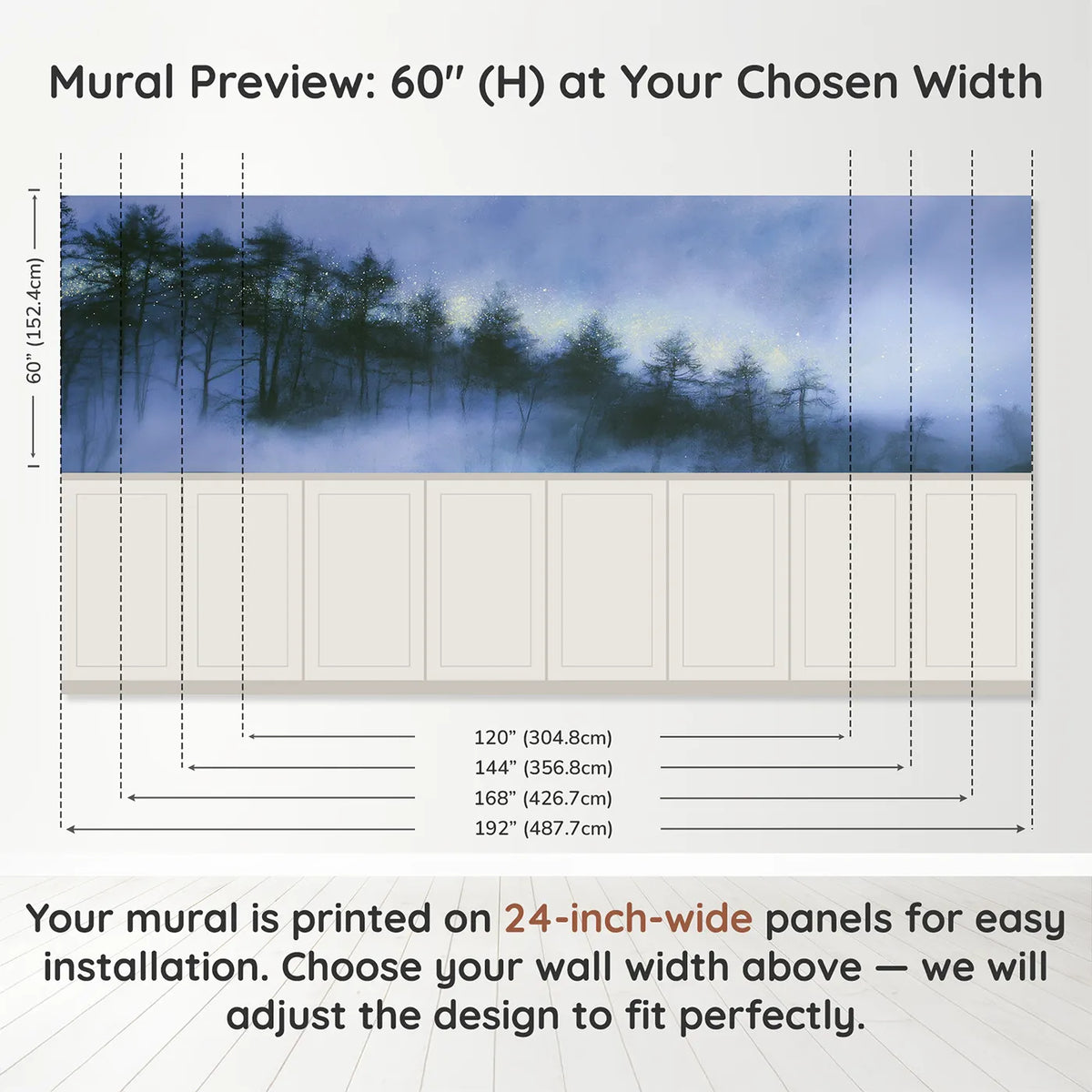 Panel dimensions for Sparkle Settling On Treetops Wainscoting Wallpaper by Whimsy Tots