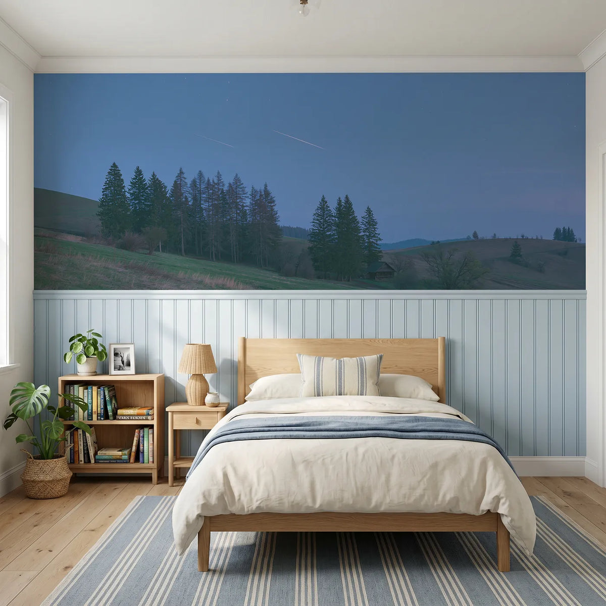 Soft pastel wainscoting wallpaper of three falling star streaks by Whimsy Tots