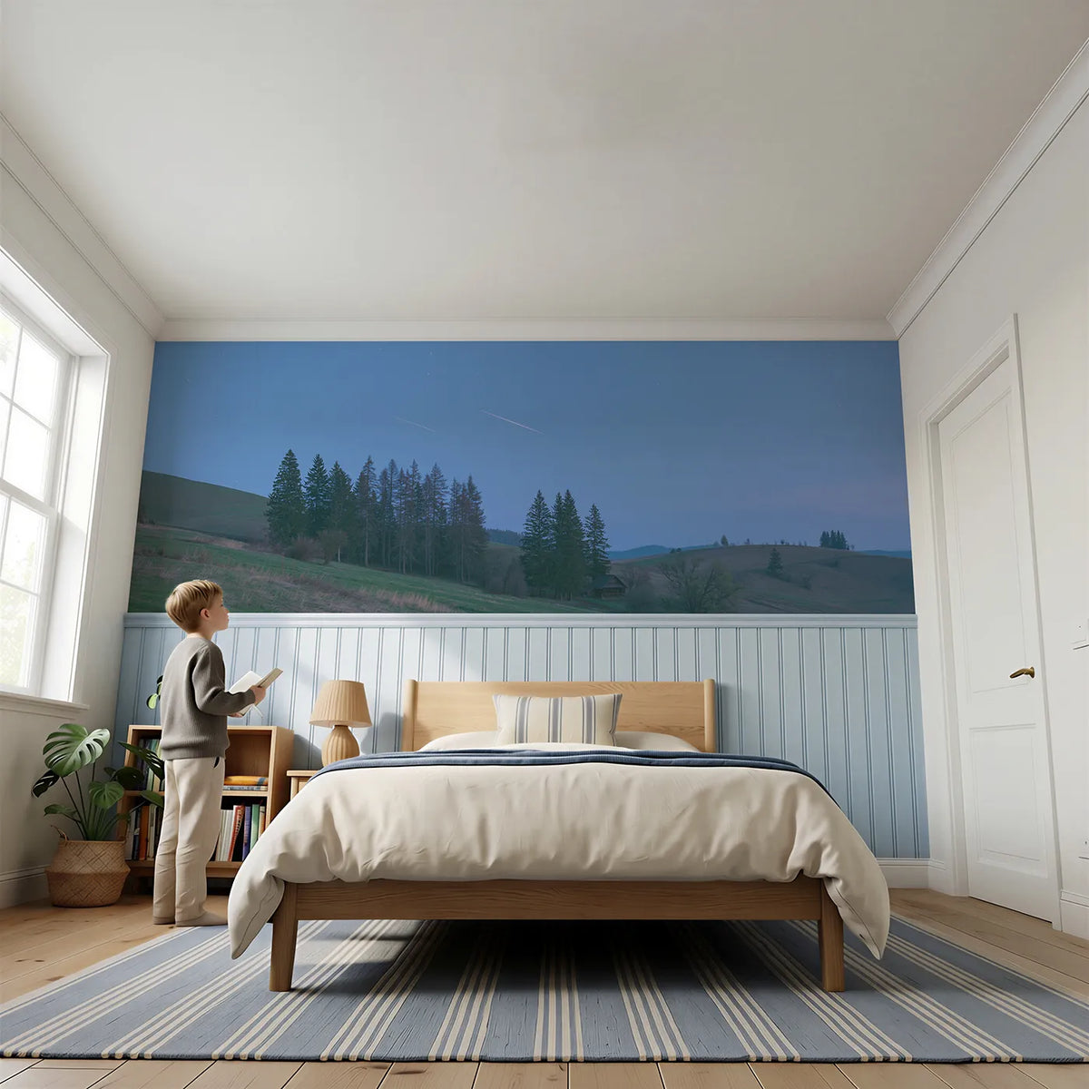 Child reading near Three Soft Star Streaks Wainscoting Wallpaper by Whimsy Tots