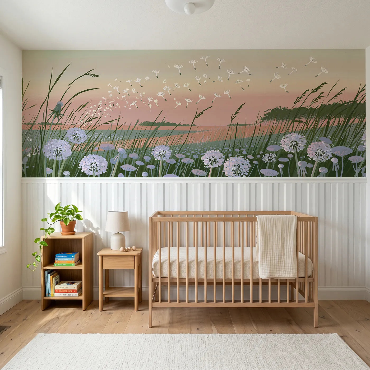 Modern illustration wainscoting wallpaper of seeds on evening light by Whimsy Tots
