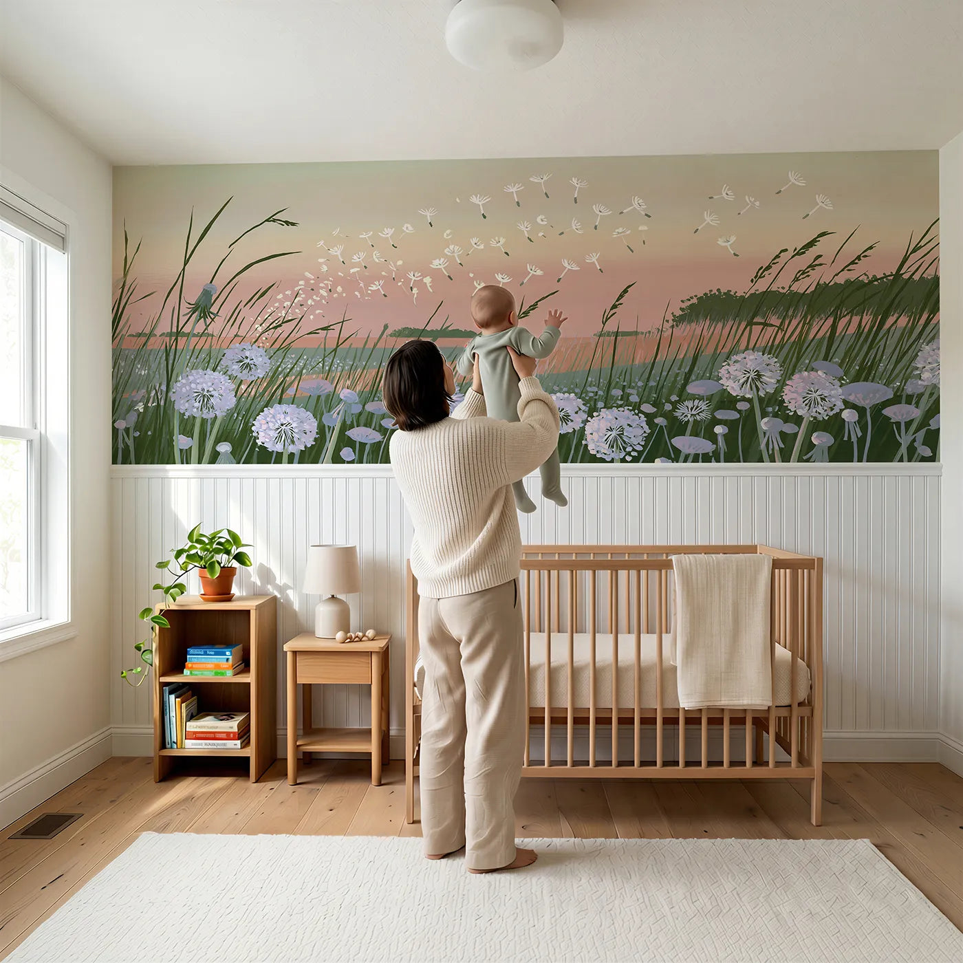 Child reading near Seeds On The Evening Light Wainscoting Wallpaper by Whimsy Tots