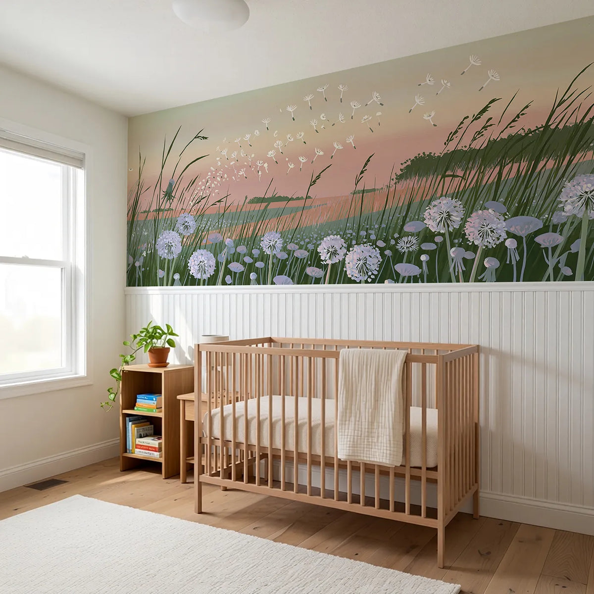 Seeds On The Evening Light Wainscoting Wallpaper styled in a kids room by Whimsy Tots