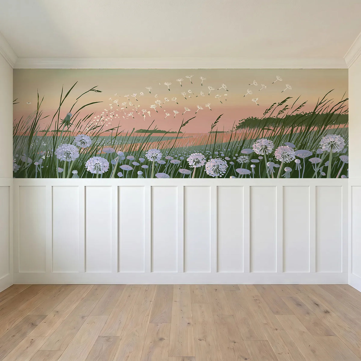 Full panel view of Seeds On The Evening Light Wainscoting Wallpaper by Whimsy Tots