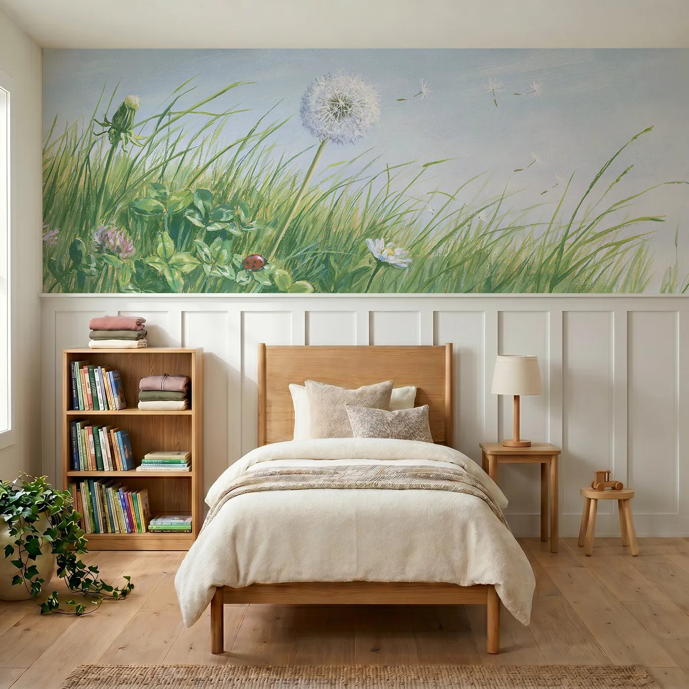 Colored pencil wainscoting wallpaper of a perfect dandelion clock by Whimsy Tots