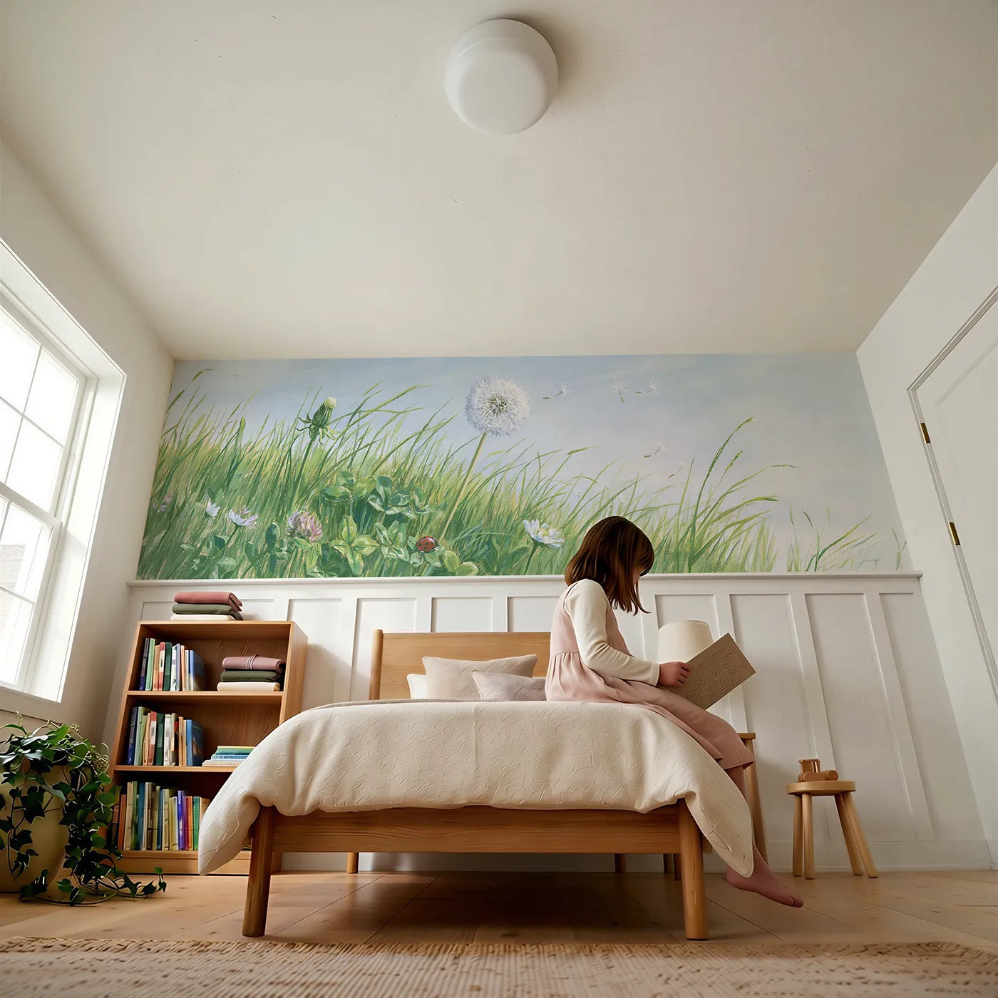 Child reading near The Dandelion Clock Wainscoting Wallpaper by Whimsy Tots