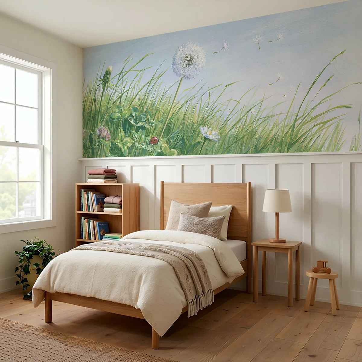 The Dandelion Clock Wainscoting Wallpaper styled in a kids room by Whimsy Tots