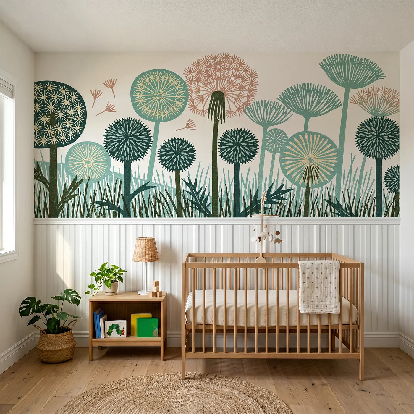 Block print wainscoting wallpaper of carved dandelion clocks by Whimsy Tots